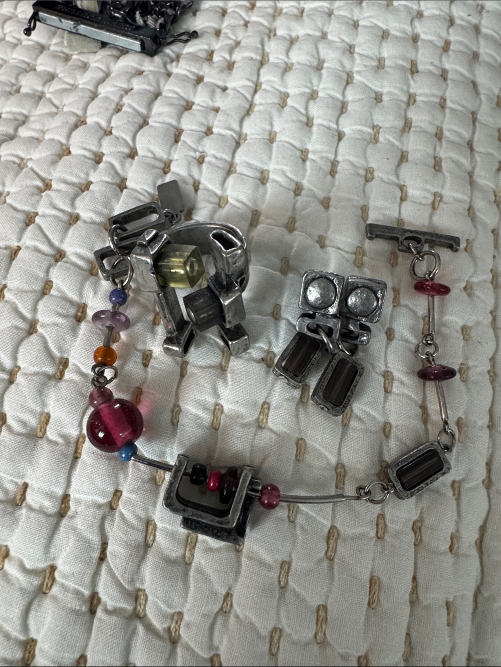 Silver-Tone Bracelet with Multicolor Glass Beads with Ring and Earring